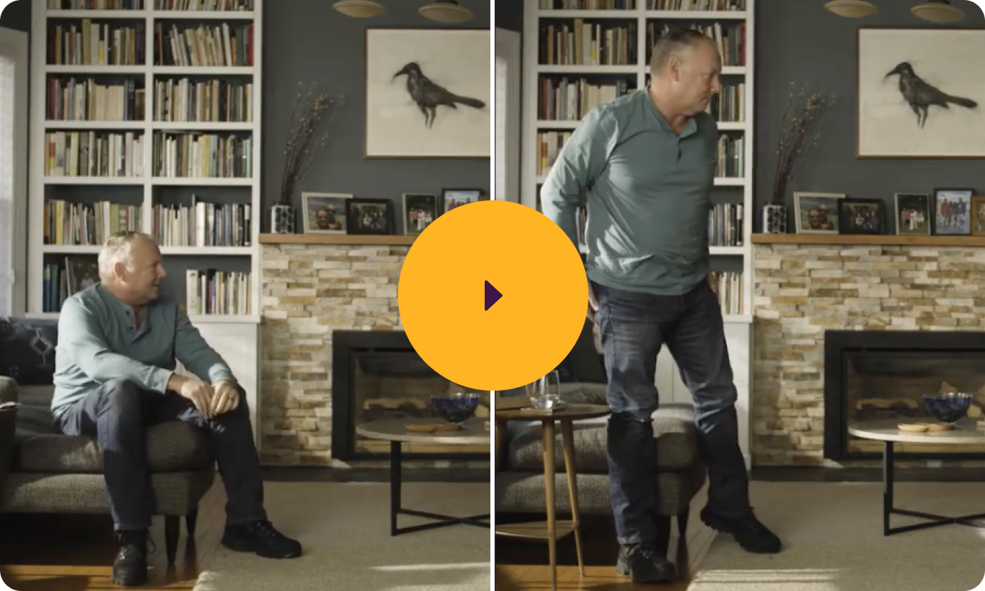 Video thumbnail of a before-and-after comparison of a man on INBRIJA. On the left, Jimmy is sitting down in his chair. On the right, he is up and walking