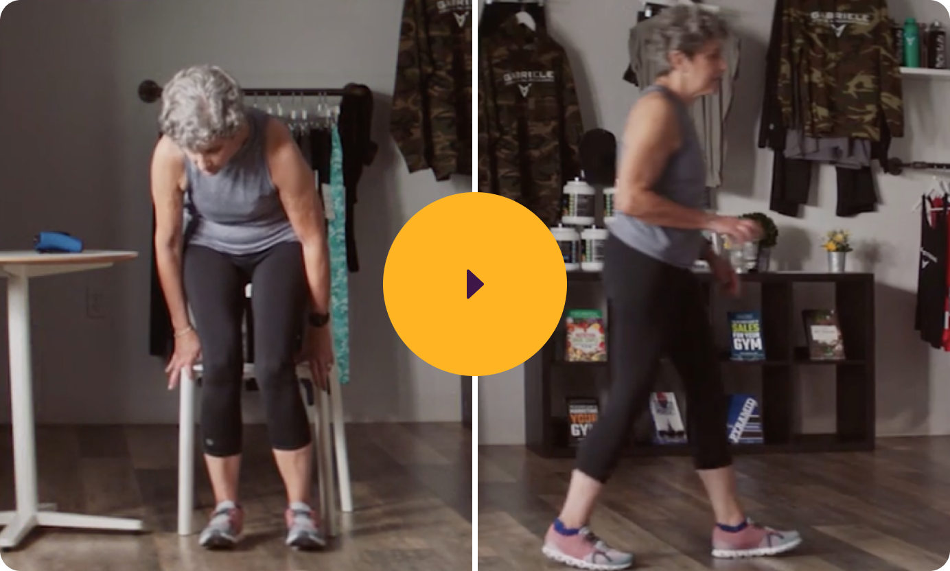 Video thumbnail of a before-and-after comparison of a woman on INBRIJA. On the left, Rachel is trying to stand up. On the right, she is up and walking across the room 