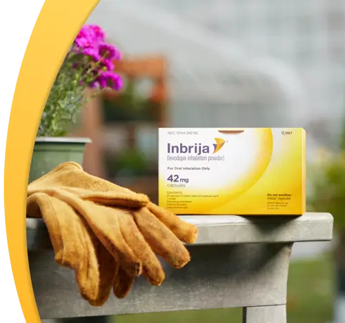 The Inbrija packaging on a gardening table